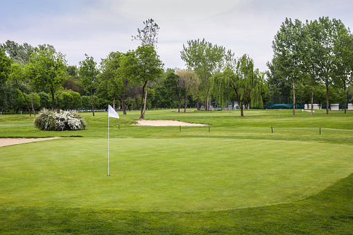 Putting green with a flag at a golf course on a summer day