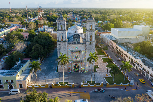 Iglesia De San Servacio Cathedral in Valladolid Mexico down town main city square. symmetrical aerial photo shot of Valladolid Mexico central square