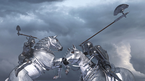 Knights in shiny armour and horses do battle