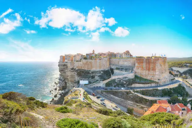Unbelievable view of old town Bonifacio. Popular travel destination of Mediterranean sea and Corsica. Location: Bonifacio, Corsica; France, Europe