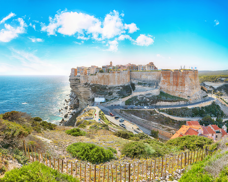 Astonishing view of old town Bonifacio. Popular travel destination of Mediterranean sea and Corsica. Location: Bonifacio, Corsica; France, Europe