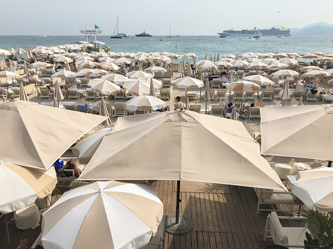 Cannes, France - July 18 2019: beach in Cannes, view from La Croisette.