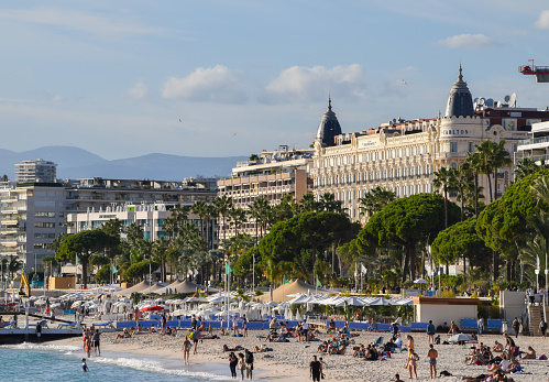 Cannes, France - October 3 2019: Intercontinental Carlton Cannes hotel, La Crosiette and beach view.