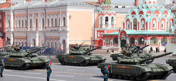 Moscow, Russia, May 2022: T-72 BZM main battle tanks are passing by Red Square on rehearsal of the military parade.