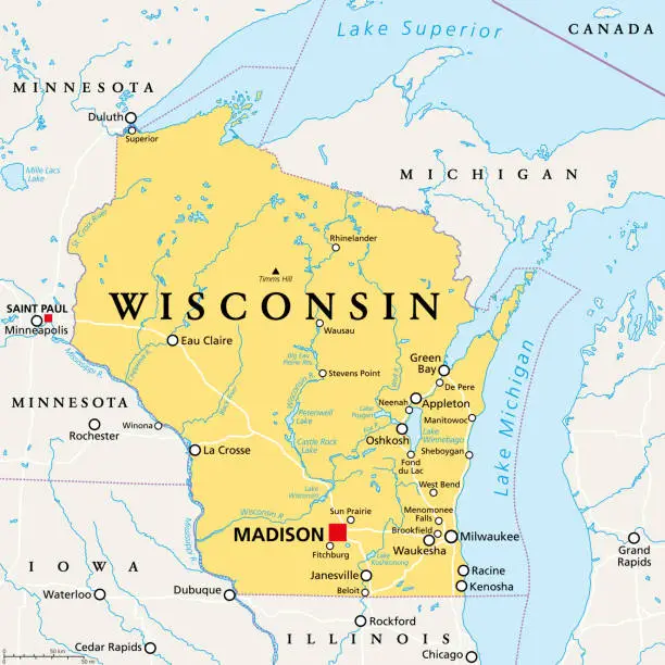 Vector illustration of Wisconsin, WI, political map, US state, with the nickname Badger State