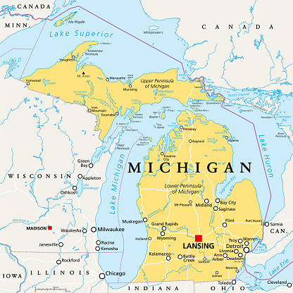 Michigan, MI, political map, US state, nicknamed The Great Lake State