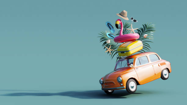 istock Funny orange retro car with summer vacation accessory on green background 1396453537