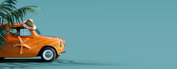 istock Orange retro car with starfish and palm tree on turquoise blue summer background 1396453555