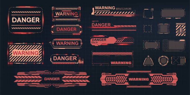 HUD danger and alert attention red interface signs. High-tech and digital cyber frames warn of a warning on the screen. Warning frame. Abstract tech design. Hi-tech callout bar labels. Vector HUD danger and alert attention red interface signs. High-tech and digital cyber frames warn of a warning on the screen. Warning frame military borders stock illustrations