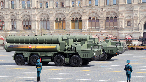 Moscow, Russia, May 2022: S-400 long- and medium-range anti-aircraft missile system are passing by Red Square on rehearsal of the military parade.