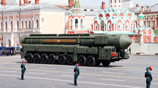 Moscow, Russia, May 2022: Strategic missile systems Yars are passing by Red Square. The main rehearsal of the military parade.