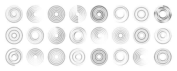 kreispunktmuster. halbton-rundpunktmuster. spiralförmiger halbtonrahmen. satz abstrakter wellenmuster. kreisförmige grafiktexturen, die auf weißem hintergrund isoliert sind. halbtonelemente. vektor - raster punkte stock-grafiken, -clipart, -cartoons und -symbole