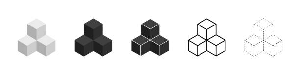 キューブ アイコン。3つの立方体。3dキューブ。3dブロックアイコン。アウトライン ボックス。ラインアイソメトリックキューブ。建物、配達、ロゴのアイコン。パッケージのセット。ベクト - ブロック点のイラスト素材／クリップアート素材／マンガ素材／アイコン素材