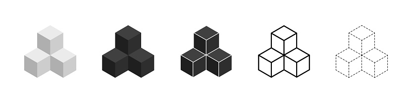 Cube icon. 3 cubes. 3d cube. 3d block icons. Outline boxes. Line isometric cubes. Icon for building, delivery and logo. Set of package. Vector.