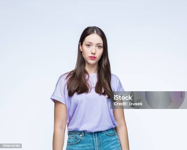 Woman In Tshirt With Blank Expression Stock Photo - Download Image Now - Portrait, Cut Out, Females