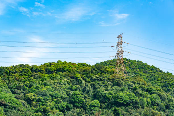 Electric high voltage tower with electric line against clear blue sky