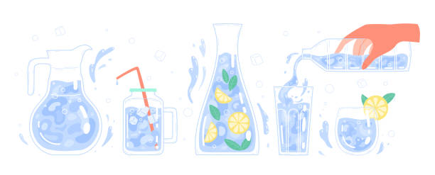 ilustrações, clipart, desenhos animados e ícones de água potável em diferentes recipientes de vidro. - pouring water carafe glass