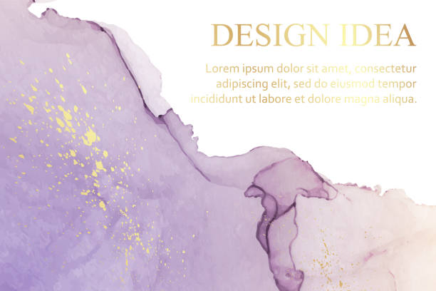 istock Watercolor background with abstract purple ink waves and golden splashes. 1396459798