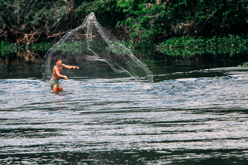 Indian man casting out his fishing net at the Amazon River in Brazil. 2010.
