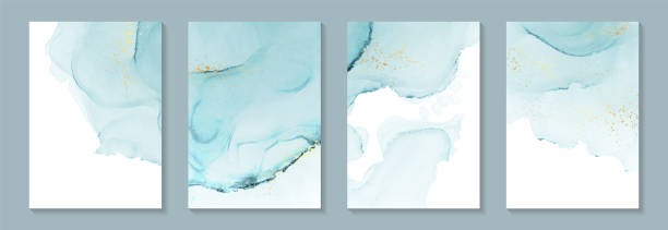 Watercolor background with abstract teal blue ink waves and golden splashes. Modern watercolor background or elegant card design for birthday invite or wedding or menu with abstract teal blue ink waves and golden splashes. thank-you-gold-greeting-card stock illustrations