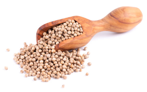 istock Coriander seeds in olive scoop, isolated on white background. Cilantro grain. Organic spice. 1396460038