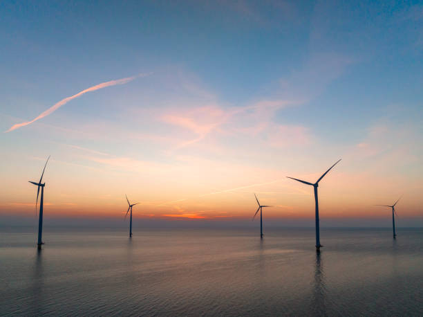 istock Wind turbines in an offshore wind park producing electricity during sunset. 1396460777
