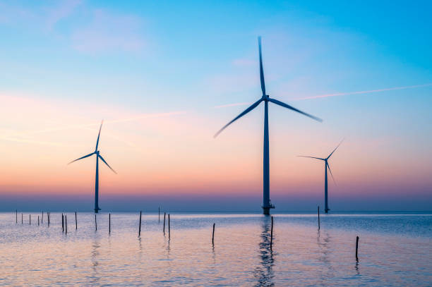 istock Wind turbines in an offshore wind park producing electricity during sunset. 1396460852