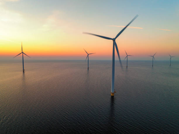 istock Wind turbines in an offshore wind park producing electricity during sunset. 1396461417