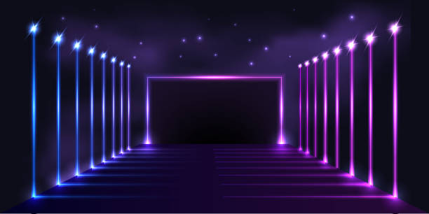 istock Neon glowing gate, vaporwave background with blue and purple light effect. Galaxy portal, starry sky. Cyberpunk perspective 3d view. Retro synthwave design. Vector illustration 1396461531