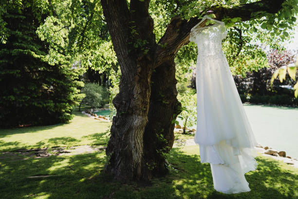 istock White wedding dress hanging on a tree outdoors in the garden 1396462127