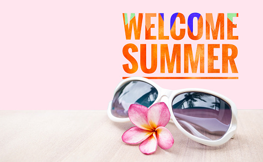 Welcome summer banner with women sunglasses, first summer day concept background