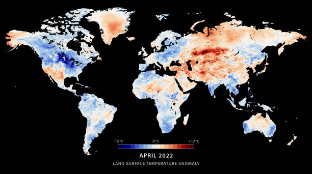 карта мира аномалия температуры поверхности суши апрель 2022 - satellite view illustrations stock illustrations