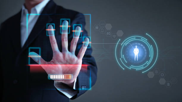 istock Businessman hand fingerprint scanning screen to access personal user online. 1396463179