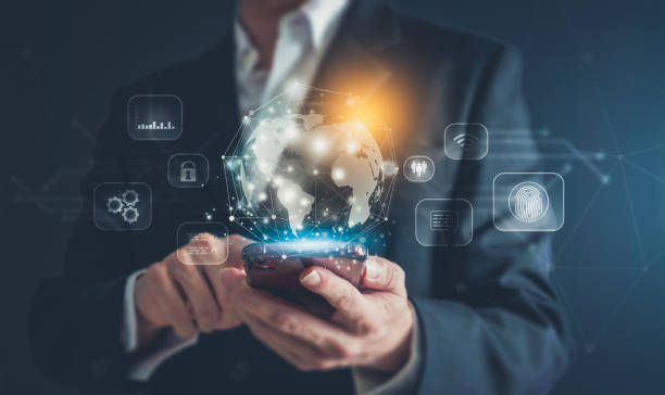 istock Businessman hand touching futuristic intelligence digital global online internet network communication. metaverse technology concept 1396463205