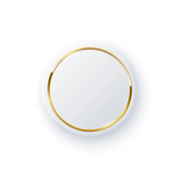 Vector illustration of Round button with gold circle frame and shiny light effect, 3d simple badge with shadow