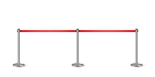 istock Metal column barrier with red rope. Silver luxury VIP design element for exhibition pavilion, auto show, theatre and cinema premier, winner reward ceremony. Guard object isolated on white background. 1396466268