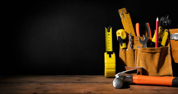 home improvement - construction tools on black background with copy space. banner home improvement - construction tools on black background with copy space. banner diy stock pictures, royalty-free photos & images