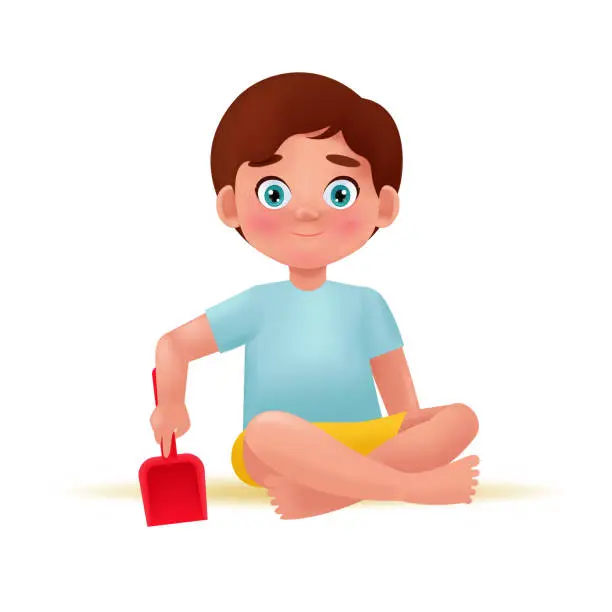 Vector illustration of Preschool boy kid playing with sand shovel. Vector illustration in cartoon 3D style