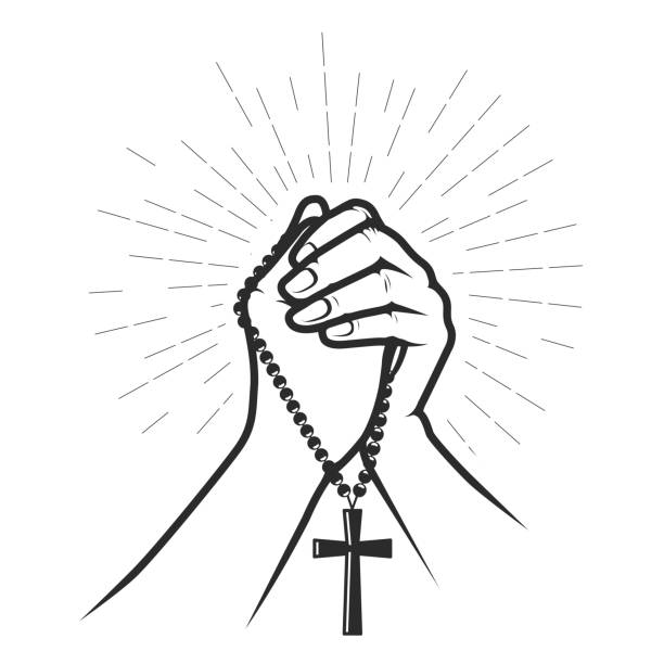 ilustrações, clipart, desenhos animados e ícones de mãos cruzadas em oração com crucifixo em contas, orar por deus, fé e esperança conceito, vetor - catolicismo