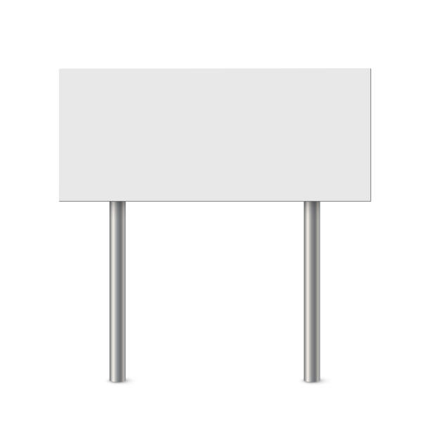 istock Empty metal sign post vector illustration. Realistic 3d blank steel signboard with blank placard for information and white plank, billboard panel on bollard, guidepost isolated on white background. 1396472078
