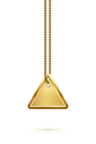 Empty triangle gold military or dogs badge hanging on steel chain. Vector army object isolated on white background. Pendant with blank space for identification, blood type in case of injury. Empty triangle gold military or dogs badge hanging on steel chain. Vector army object isolated on white background. Pendant with blank space for identification, blood type in case of injury vietnam dog tags stock illustrations