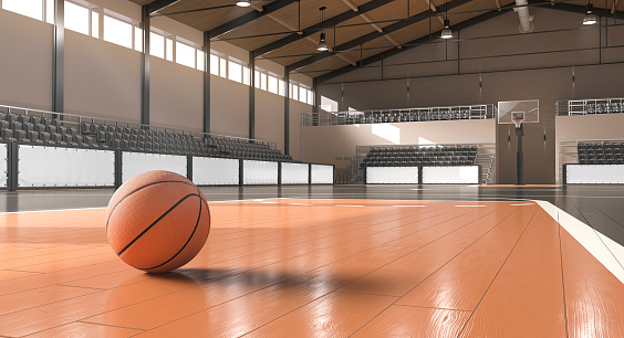 Basketball court with ball, hoop and tribune mockup, side view, 3d rendering. lose-up bascketball equipment on sport area with bannes. Professional arena with wood surface for dribbling template.