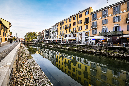 Canal Of Po River Glistening With Reflection During Sunny Day In Milan, Italy