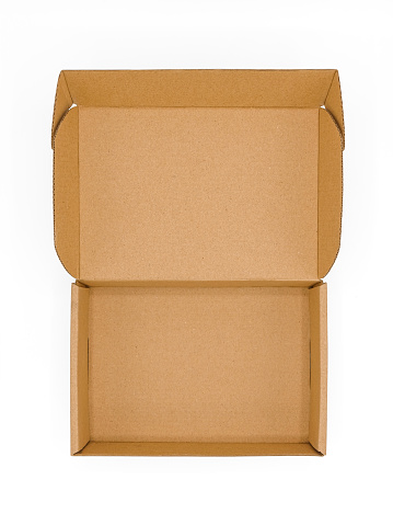 Top view of opened brown cardboard box isolated on white background. Suitable for packaging.