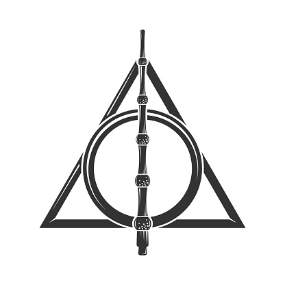 Deathly Hallows, a symbol from the Harry Potter book. A magic wand, a resurrection stone, and a cloak of invisibility