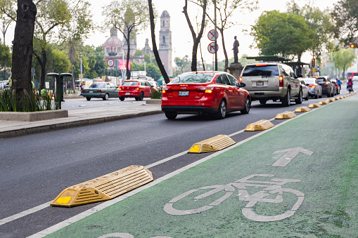 Mexico City, CDMX, Mexico, OCT, 23 2021, cycle lane for bikers and electric vehicles, alternative means of transport
