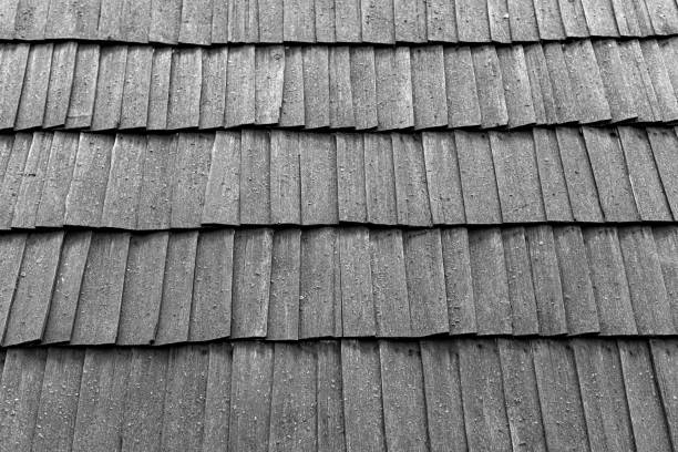 Horizontal view of wooden roof. Wood roofing pattern detail.