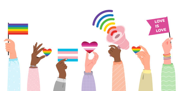 ilustraciones, imágenes clip art, dibujos animados e iconos de stock de las personas sostienen carteles, pancartas y pancartas con arco iris lgbt, banderas lesbianas y transgénero durante la celebración del mes del orgullo contra la violencia, la descriminación y la violación de los derechos humanos. - gay pride flag audio