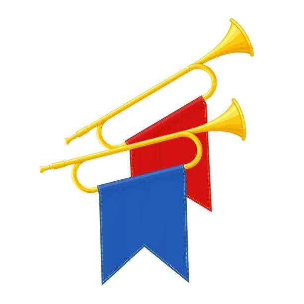 Vector illustration of Golden horn trumpets musical instruments isolated on white background. Royal fanfare with triumphant flag for play music. Vector illustration