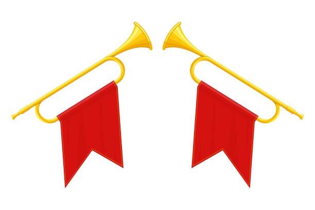 istock Golden horn trumpets musical instruments isolated on white background. Royal fanfare with triumphant flag for play music. Vector illustration 1396480932